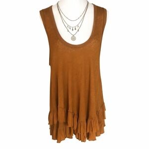 We the Free Cinnamon Brown Boho Linen Cotton Ruffle Hem Top | Mini Dress Sz S